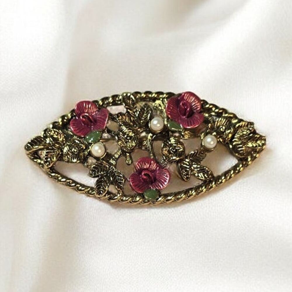 Floral Red Rose & Faux Pearl Gold Filigree Brooch Vintage Victorian Romance